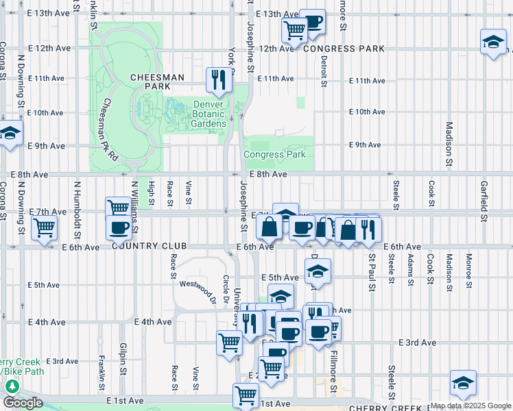 map of restaurants, bars, coffee shops, grocery stores, and more near 2433 East 7th Avenue Parkway in Denver