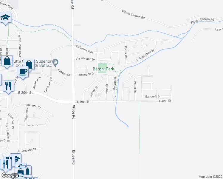 map of restaurants, bars, coffee shops, grocery stores, and more near 1726 Lawler Street in Chico