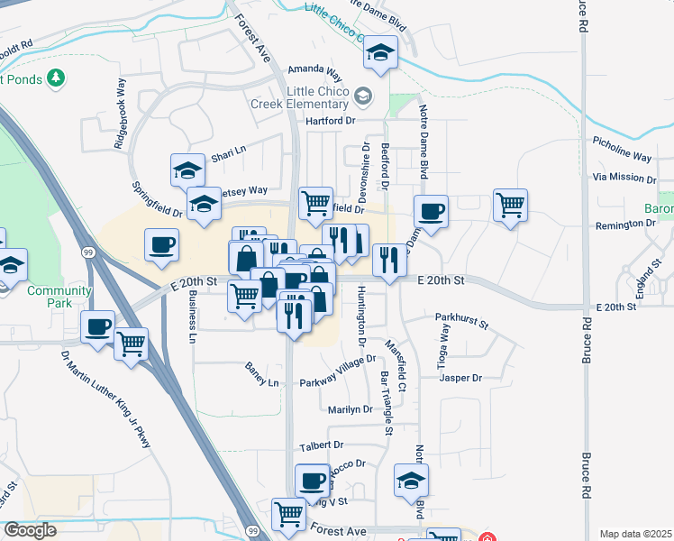 map of restaurants, bars, coffee shops, grocery stores, and more near 2070 East 20th Street in Chico