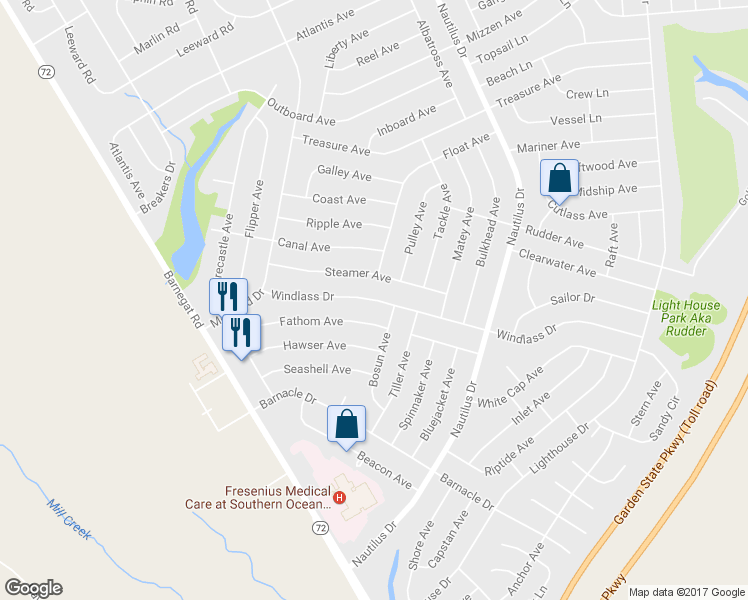 map of restaurants, bars, coffee shops, grocery stores, and more near 1195 Windlass Dr in Stafford Township