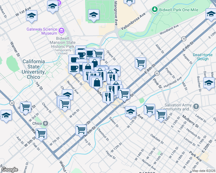 map of restaurants, bars, coffee shops, grocery stores, and more near 601 Main Street in Chico