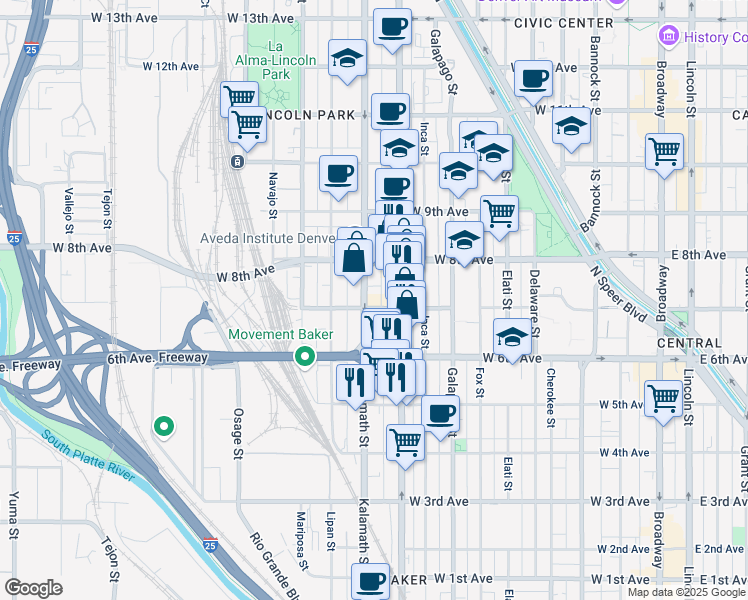 map of restaurants, bars, coffee shops, grocery stores, and more near 700 Kalamath Street in Denver