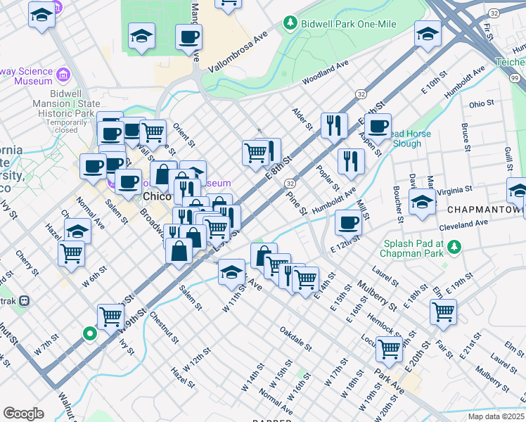 map of restaurants, bars, coffee shops, grocery stores, and more near 473 East 9th Street in Chico