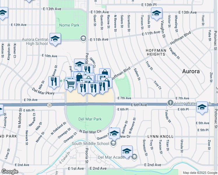 map of restaurants, bars, coffee shops, grocery stores, and more near 142 East Del Mar Circle in Aurora
