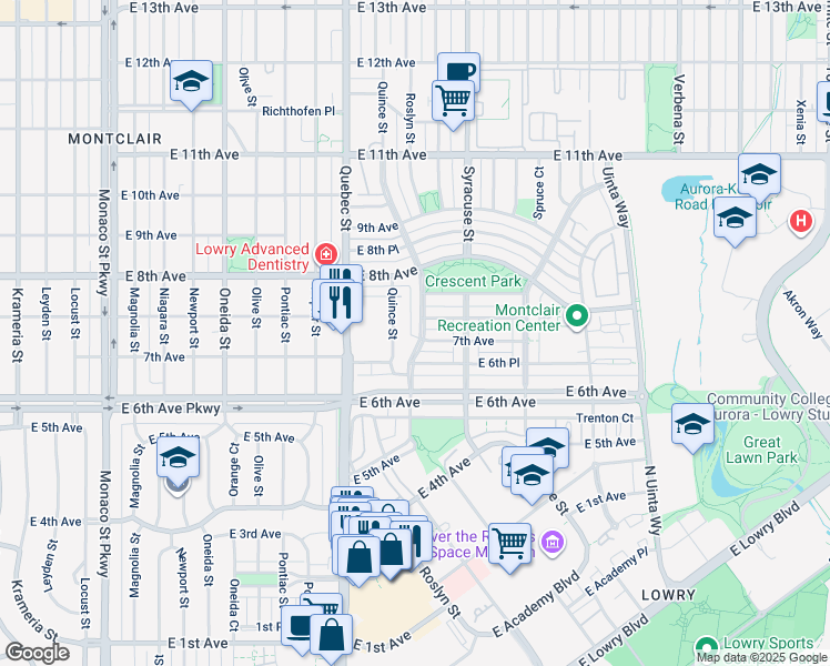 map of restaurants, bars, coffee shops, grocery stores, and more near 691 Roslyn Street in Denver