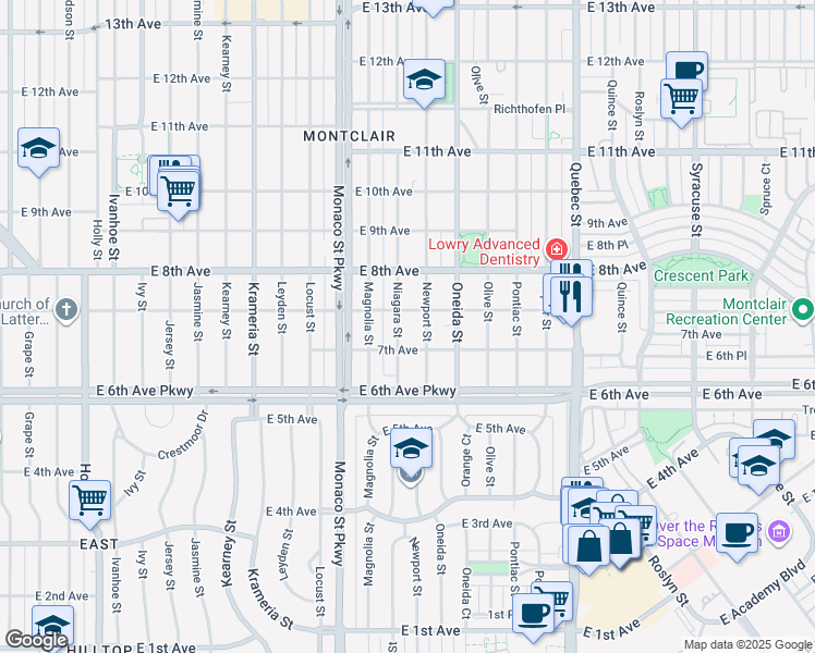 map of restaurants, bars, coffee shops, grocery stores, and more near 736 Niagara Street in Denver