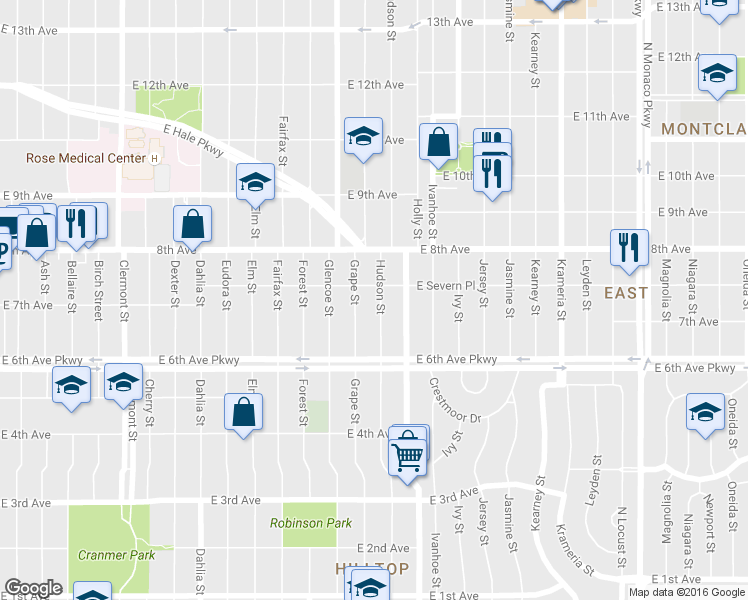 map of restaurants, bars, coffee shops, grocery stores, and more near 740 Hudson Street in Denver