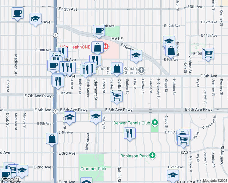 map of restaurants, bars, coffee shops, grocery stores, and more near 4707 East 7th Avenue in Denver