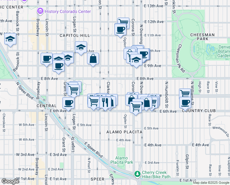 map of restaurants, bars, coffee shops, grocery stores, and more near 915 East 7th Avenue in Denver
