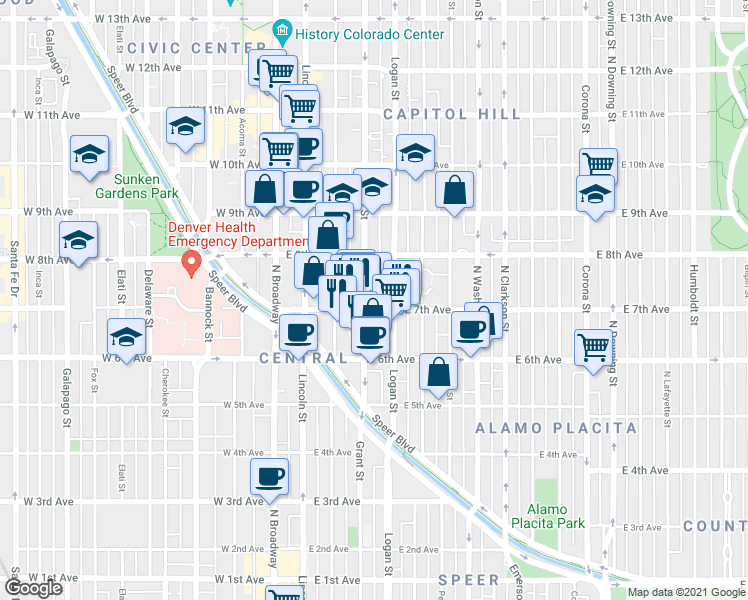 map of restaurants, bars, coffee shops, grocery stores, and more near 301 East 7th Avenue in Denver