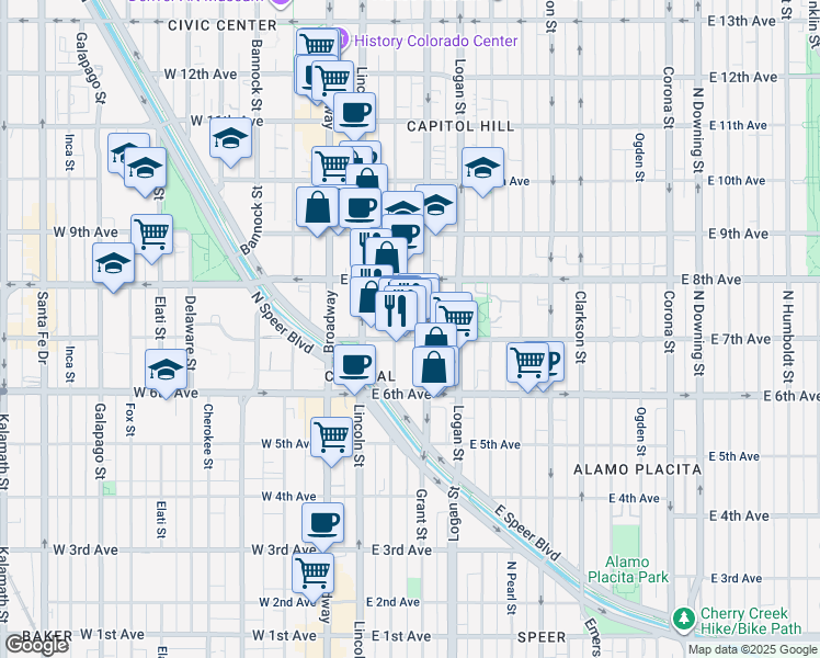 map of restaurants, bars, coffee shops, grocery stores, and more near 701 Sherman Street in Denver