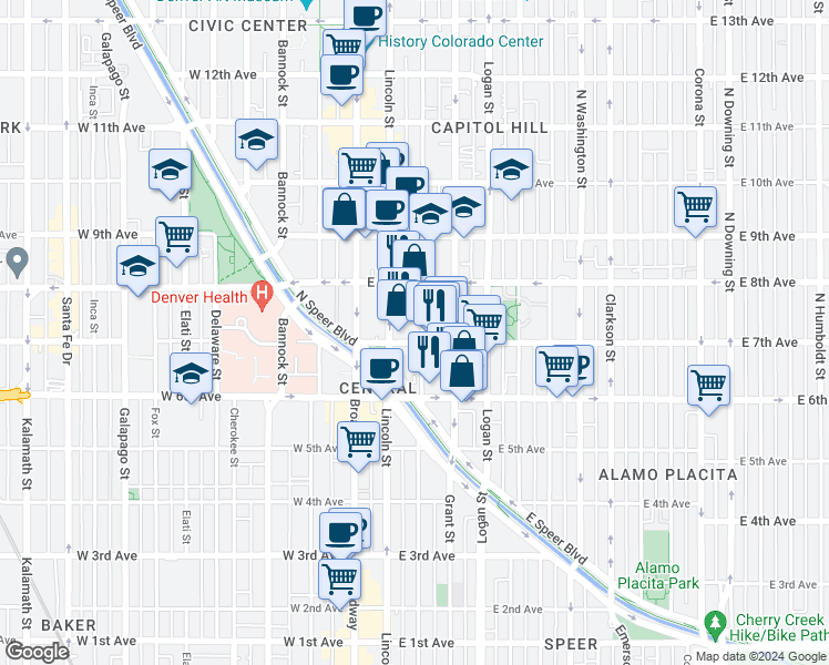 map of restaurants, bars, coffee shops, grocery stores, and more near 701 Sherman Street in Denver