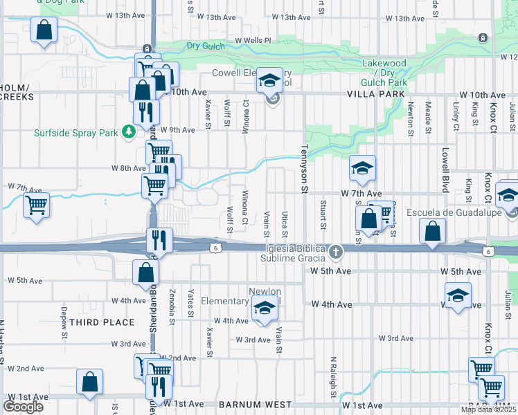 map of restaurants, bars, coffee shops, grocery stores, and more near 675 Vrain Street in Denver