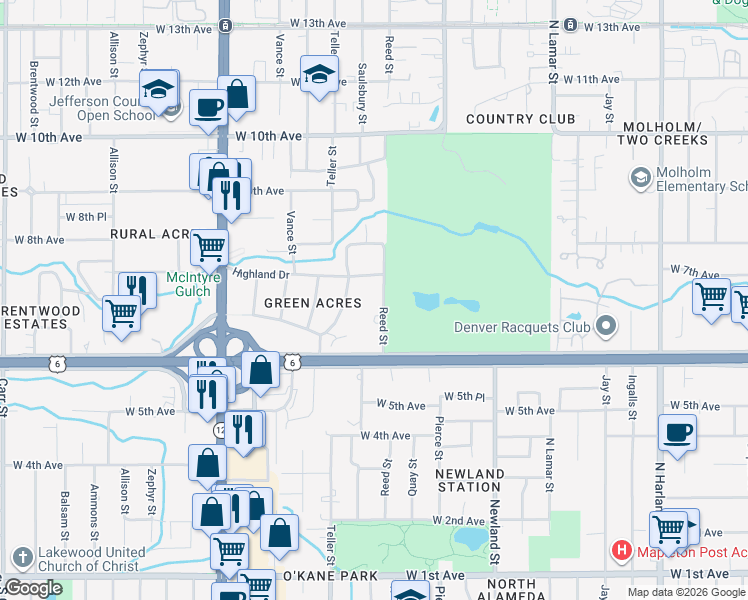 map of restaurants, bars, coffee shops, grocery stores, and more near 675 Reed Street in Lakewood