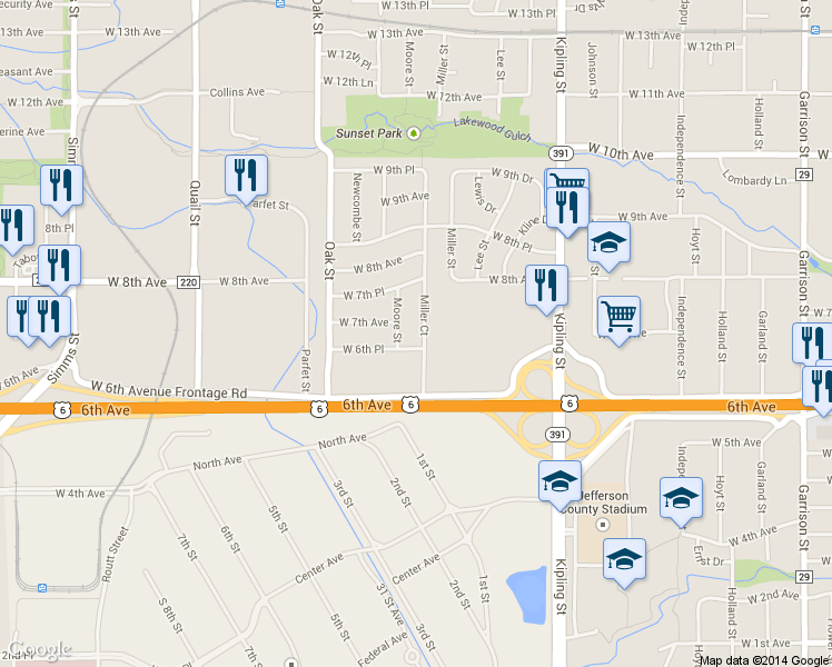 map of restaurants, bars, coffee shops, grocery stores, and more near 674 Moore Street in Lakewood