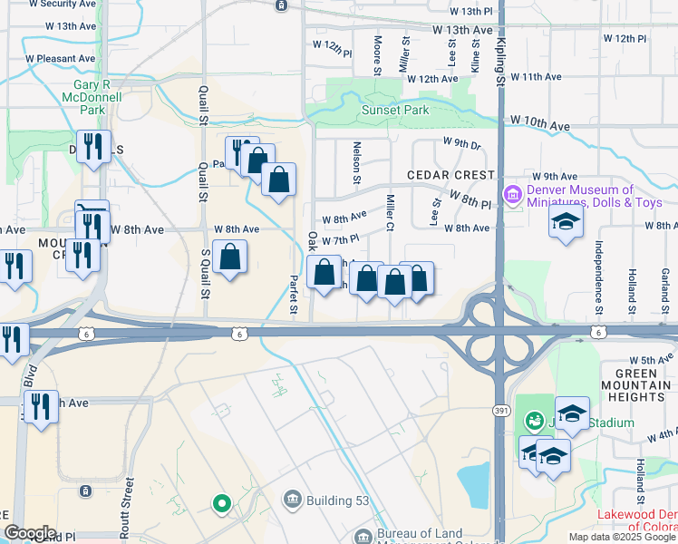 map of restaurants, bars, coffee shops, grocery stores, and more near 10646 West 7th Avenue in Lakewood