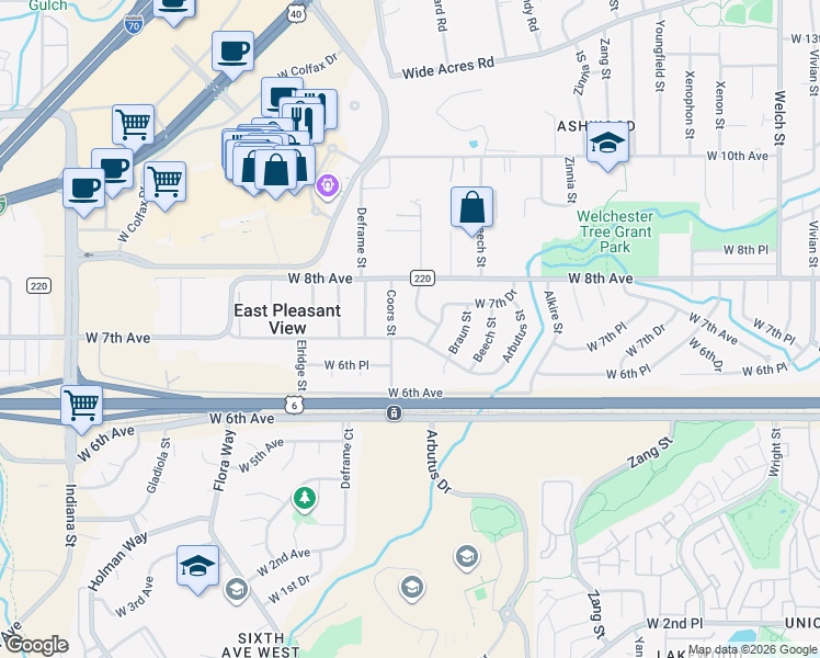 map of restaurants, bars, coffee shops, grocery stores, and more near 13585 West 7th Drive in Golden