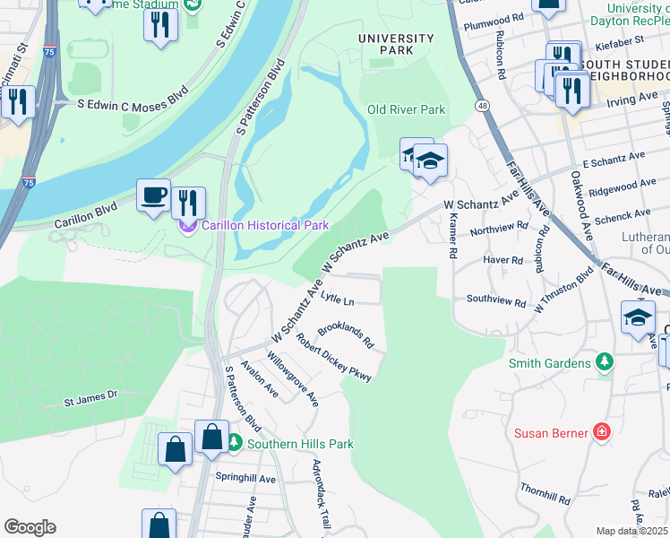 map of restaurants, bars, coffee shops, grocery stores, and more near 1820 West Schantz Avenue in Dayton