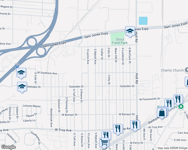 map of restaurants, bars, coffee shops, grocery stores, and more near 2609 South Rybolt Avenue in Indianapolis