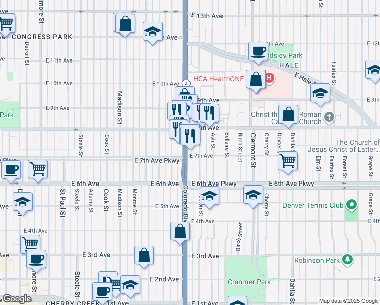 map of restaurants, bars, coffee shops, grocery stores, and more near 700 Colorado Boulevard in Denver