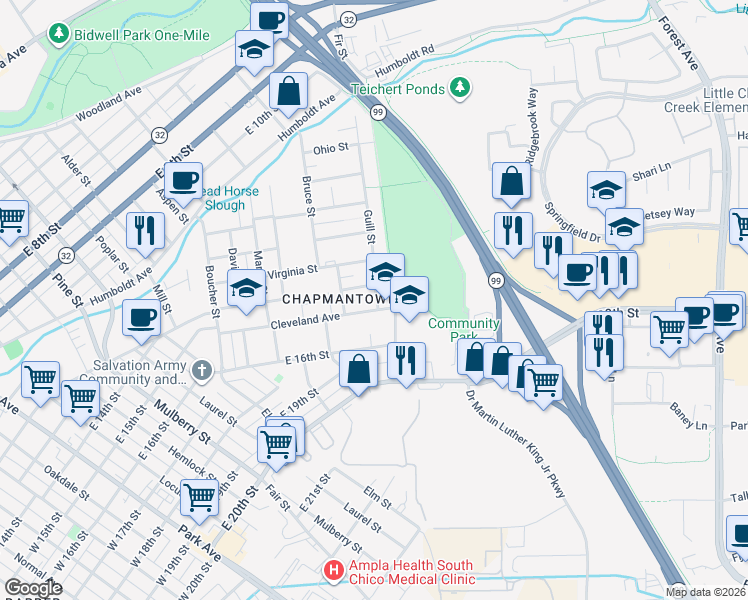 map of restaurants, bars, coffee shops, grocery stores, and more near 1466 Guill Street in Chico