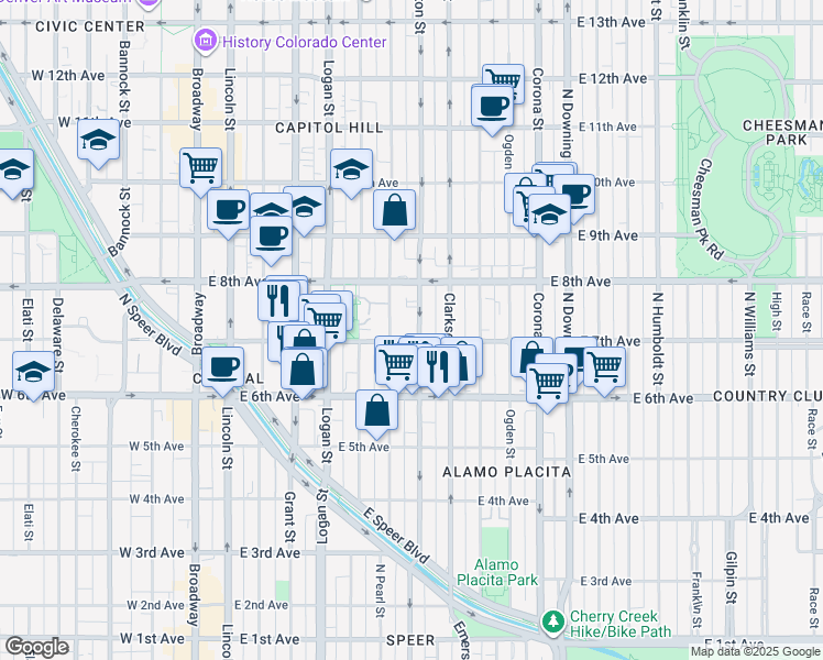 map of restaurants, bars, coffee shops, grocery stores, and more near 707 North Washington Street in Denver