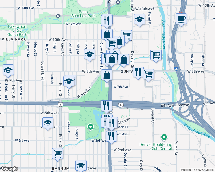 map of restaurants, bars, coffee shops, grocery stores, and more near 701 Federal Boulevard in Denver