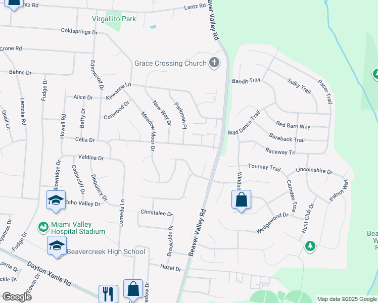 map of restaurants, bars, coffee shops, grocery stores, and more near 2381 Obetz Drive in Beavercreek