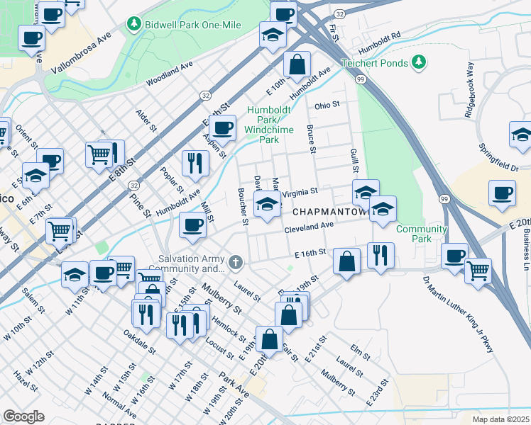 map of restaurants, bars, coffee shops, grocery stores, and more near 1421 Davis Street in Chico