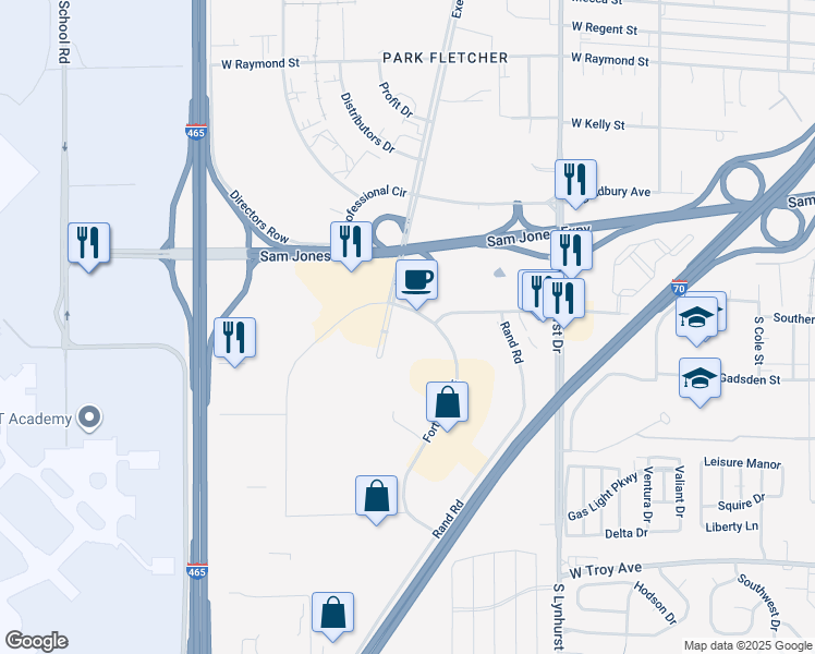 map of restaurants, bars, coffee shops, grocery stores, and more near 2602 Fortune Circle East in Indianapolis