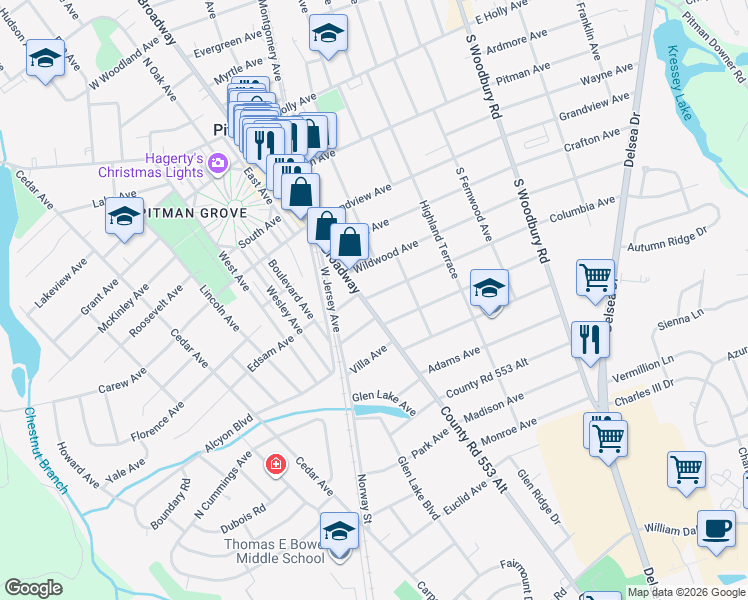 map of restaurants, bars, coffee shops, grocery stores, and more near 503 South Broadway in Pitman