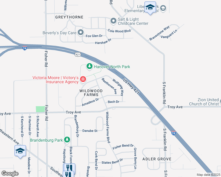 map of restaurants, bars, coffee shops, grocery stores, and more near 7928 Amadeus Drive in Indianapolis