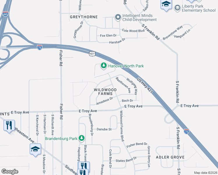 map of restaurants, bars, coffee shops, grocery stores, and more near 2831 Ludwig Drive in Indianapolis