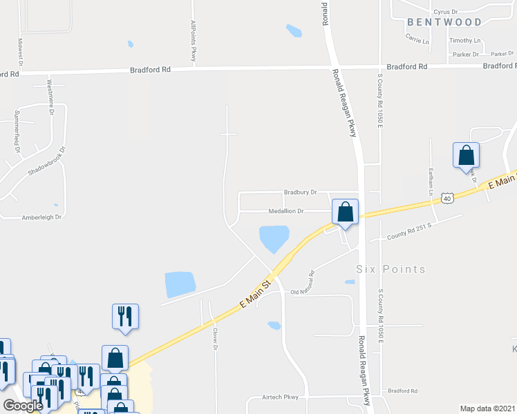 map of restaurants, bars, coffee shops, grocery stores, and more near 10102 Medallion Drive in Indianapolis
