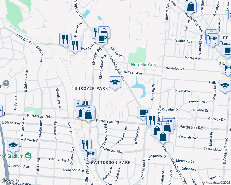 map of restaurants, bars, coffee shops, grocery stores, and more near 715 Krebs Avenue in Dayton