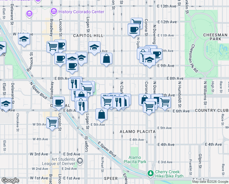 map of restaurants, bars, coffee shops, grocery stores, and more near 700 North Washington Street in Denver