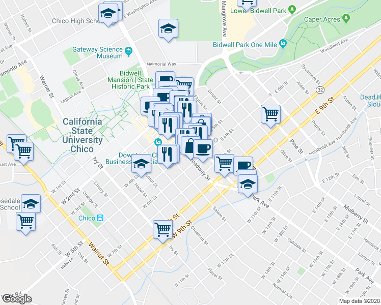 map of restaurants, bars, coffee shops, grocery stores, and more near 141 West 5th Street in Chico