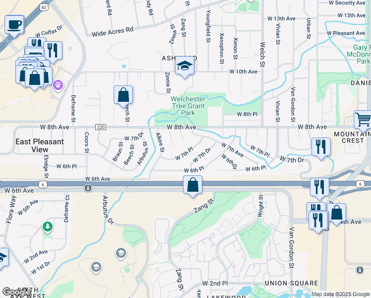 map of restaurants, bars, coffee shops, grocery stores, and more near 12955 West 7th Place in Golden