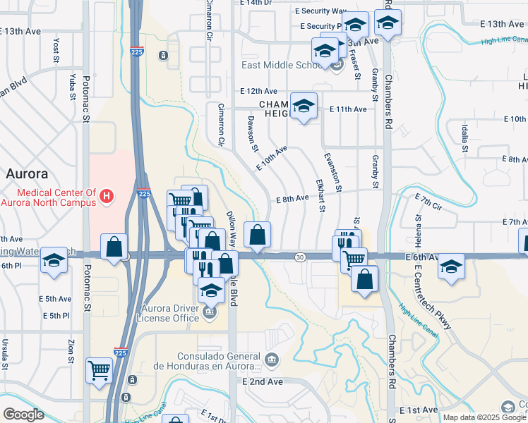 map of restaurants, bars, coffee shops, grocery stores, and more near 761 Sable Boulevard in Aurora