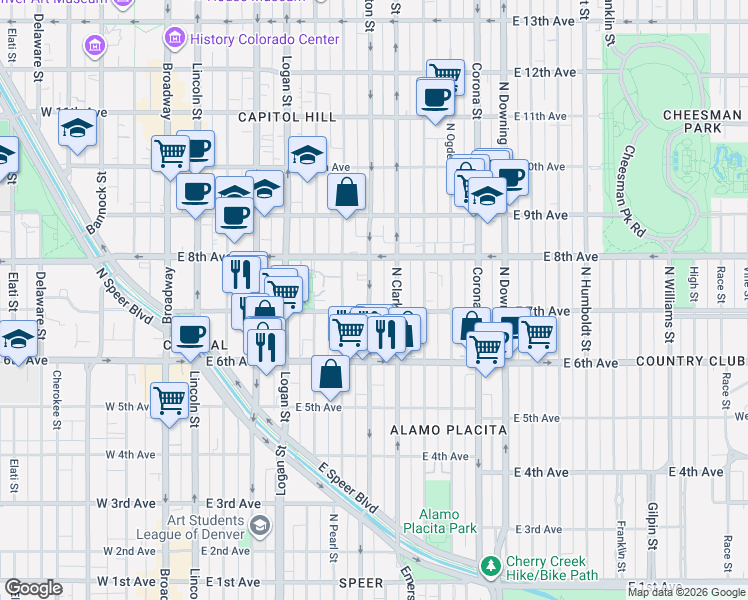 map of restaurants, bars, coffee shops, grocery stores, and more near 700 North Washington Street in Denver