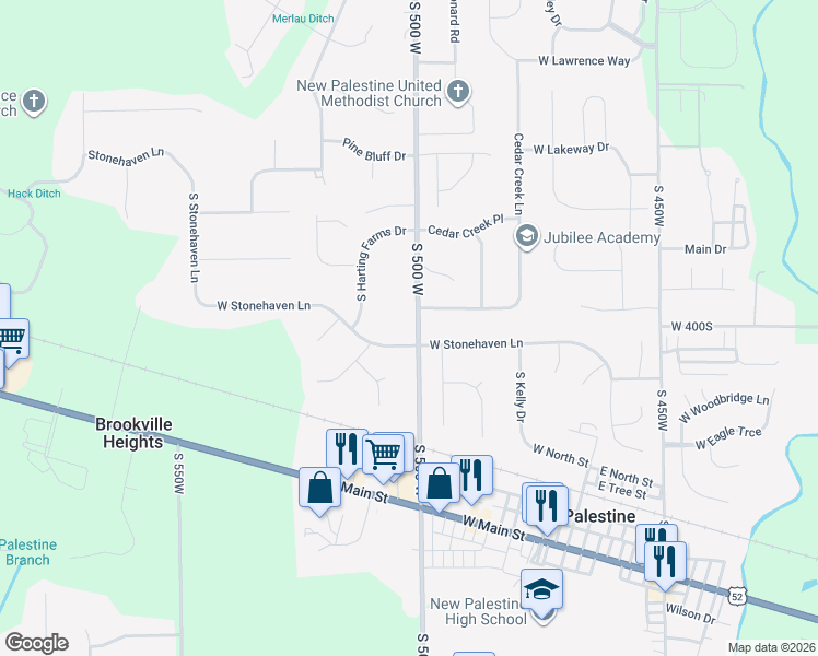 map of restaurants, bars, coffee shops, grocery stores, and more near 4008 South 500 West in New Palestine