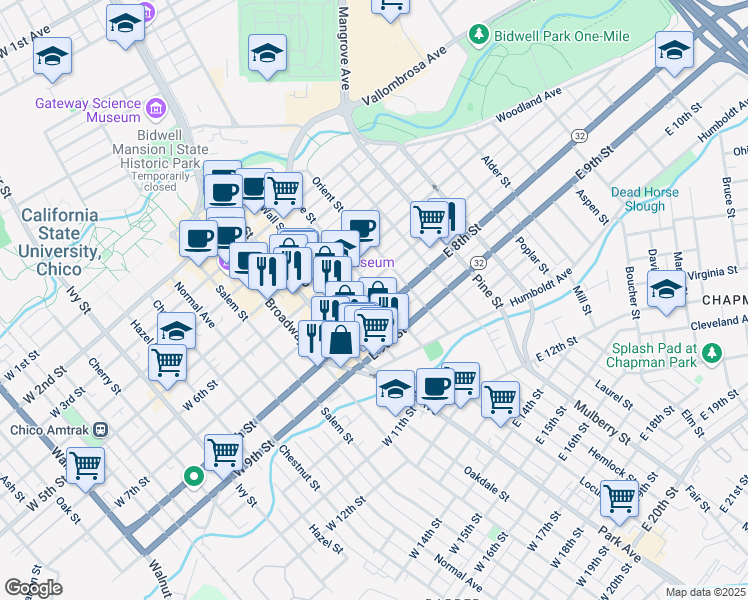 map of restaurants, bars, coffee shops, grocery stores, and more near 728 Flume Street in Chico
