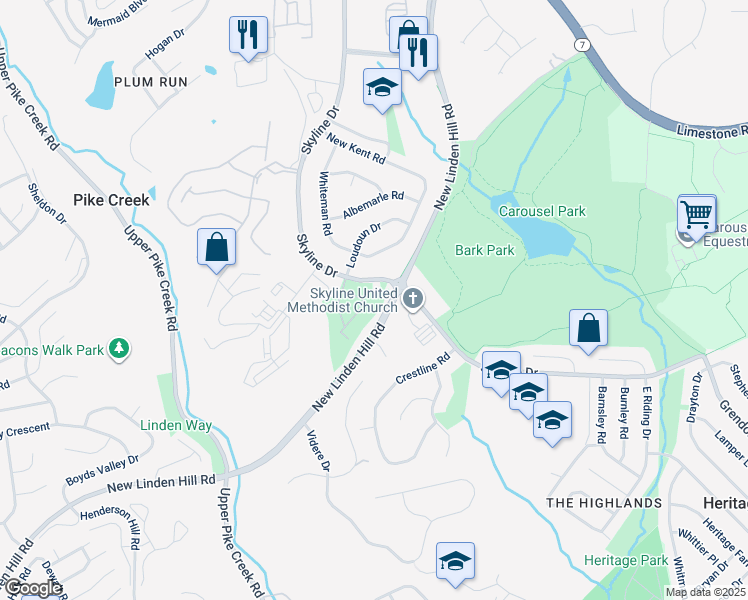 map of restaurants, bars, coffee shops, grocery stores, and more near 5414 Valley Green Drive in Wilmington