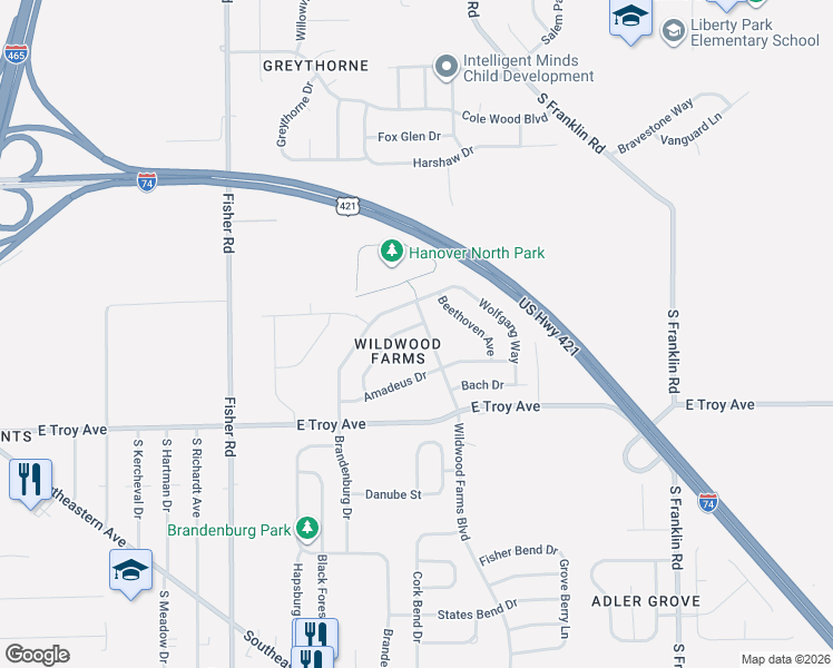 map of restaurants, bars, coffee shops, grocery stores, and more near 2831 Ludwig Dr in Indianapolis
