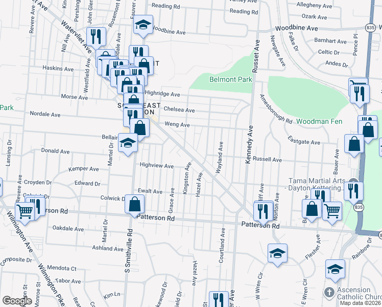 map of restaurants, bars, coffee shops, grocery stores, and more near 1128 Watervliet Avenue in Dayton