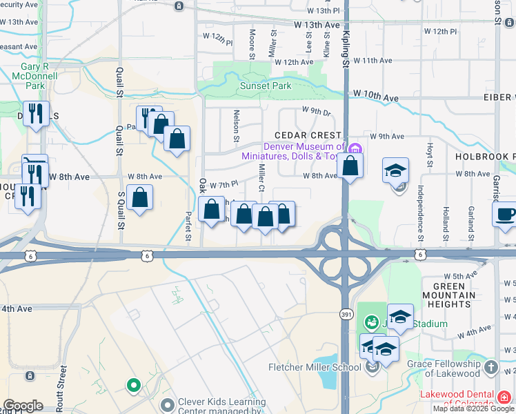 map of restaurants, bars, coffee shops, grocery stores, and more near 674 Moore Street in Lakewood