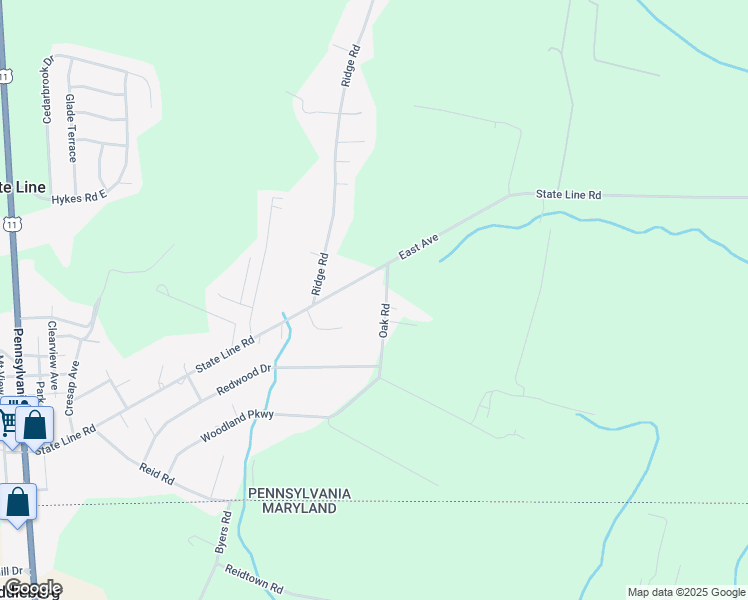 map of restaurants, bars, coffee shops, grocery stores, and more near 15479 Oak Road in Waynesboro