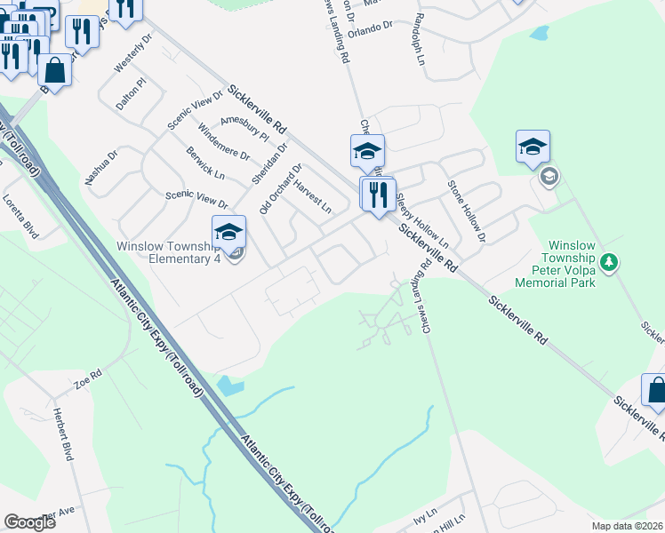 map of restaurants, bars, coffee shops, grocery stores, and more near 11 Pondview Lane in Sicklerville