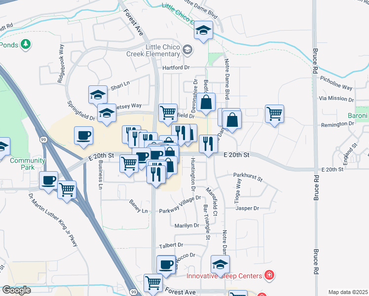map of restaurants, bars, coffee shops, grocery stores, and more near 2070 East 20th Street in Chico