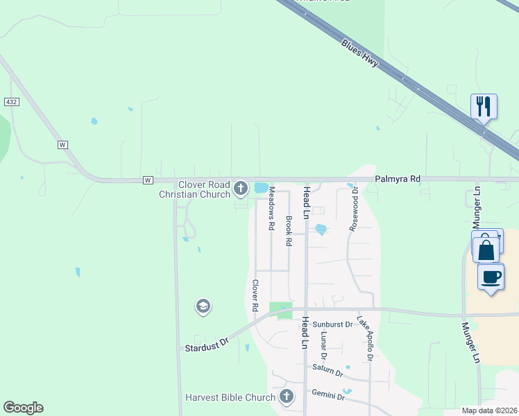 map of restaurants, bars, coffee shops, grocery stores, and more near 101 Clover Road in Hannibal